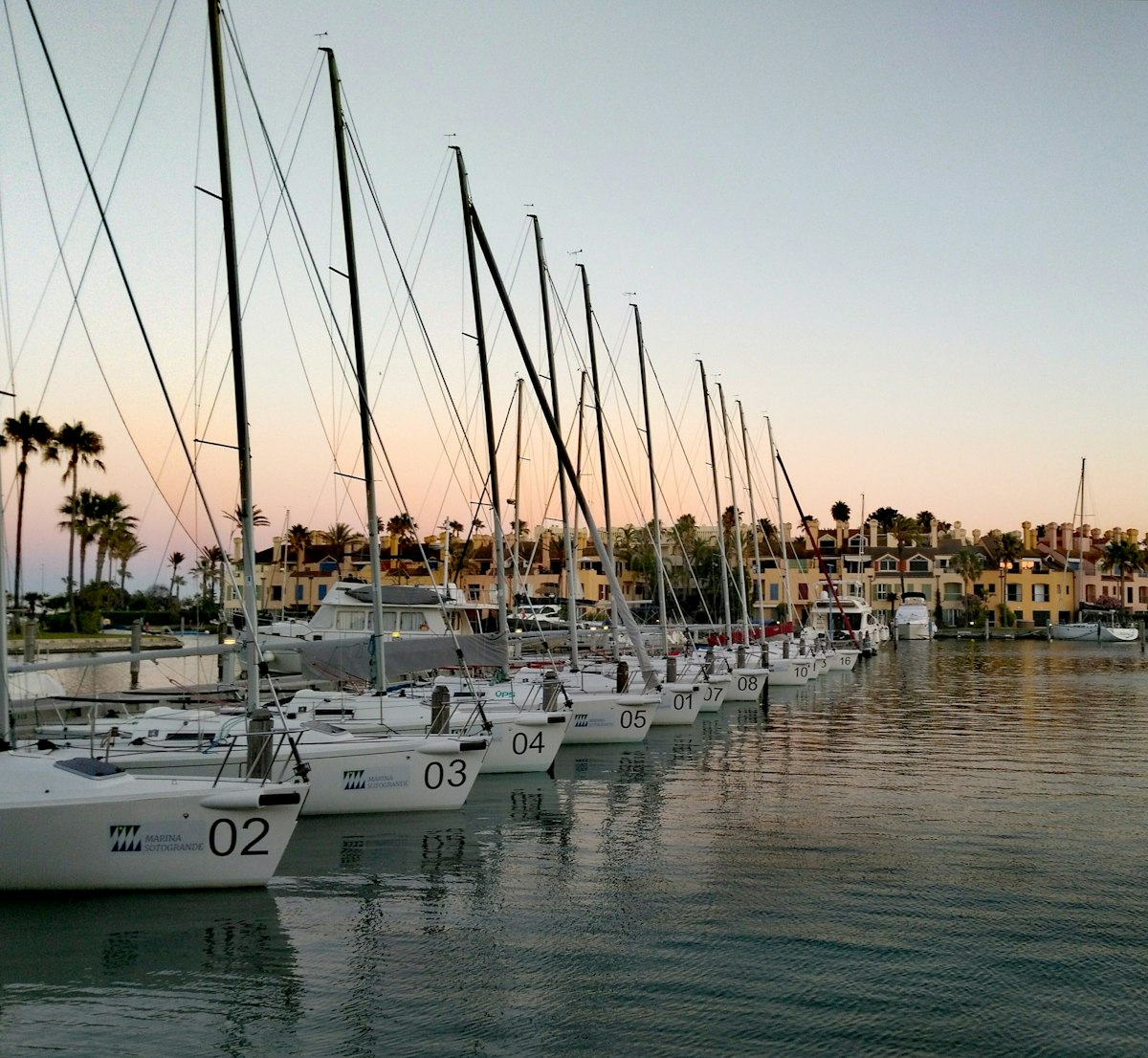 Marina at sunset with sailboats in Sotogrande